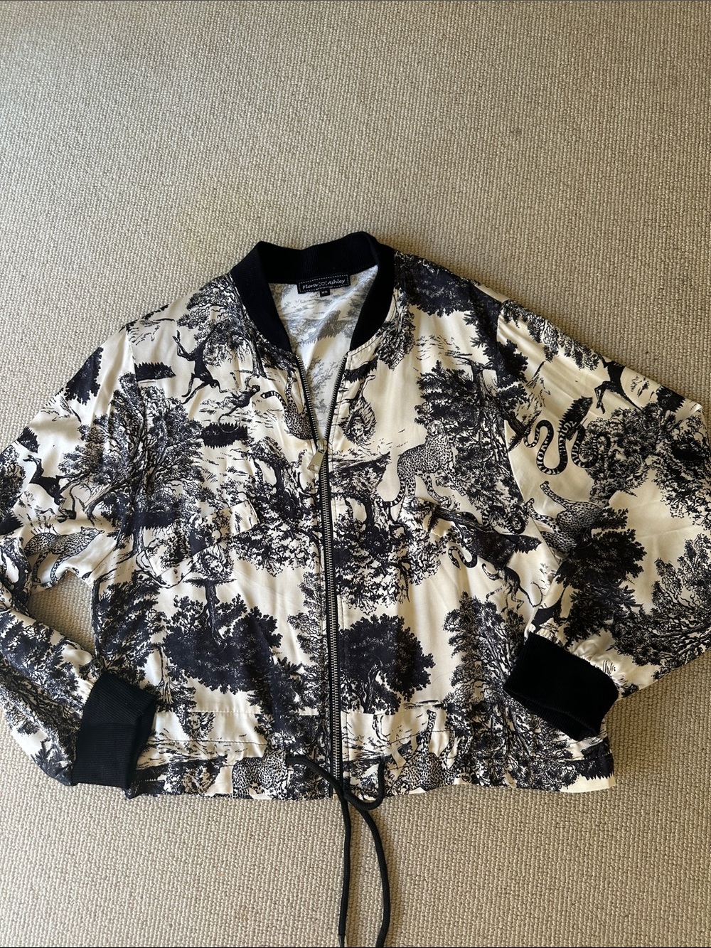 Flora Ashley Black and Cream Toile Bomber Jacket xsmall. Silk